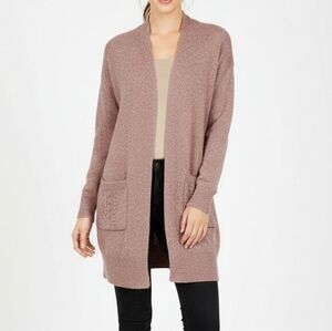 RW&Co Flecked Dusty Rose Cardigan Sweater Mid Length Open Front Winter Knit